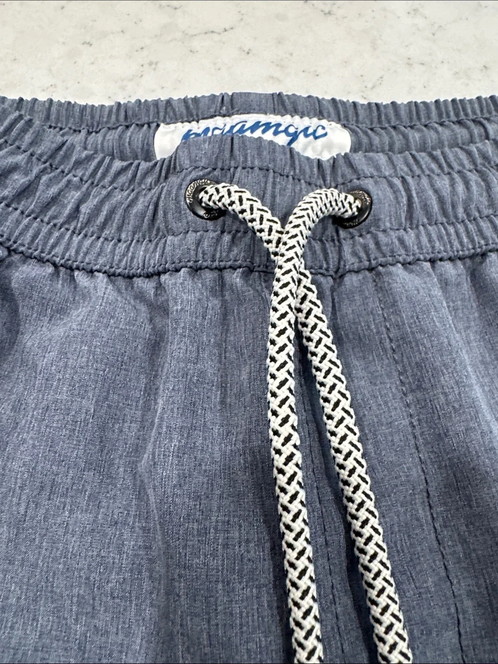 Maamgic Stretch Mens M Solid Denim Blue Drawstring Elastic Shorts Pockets Lining